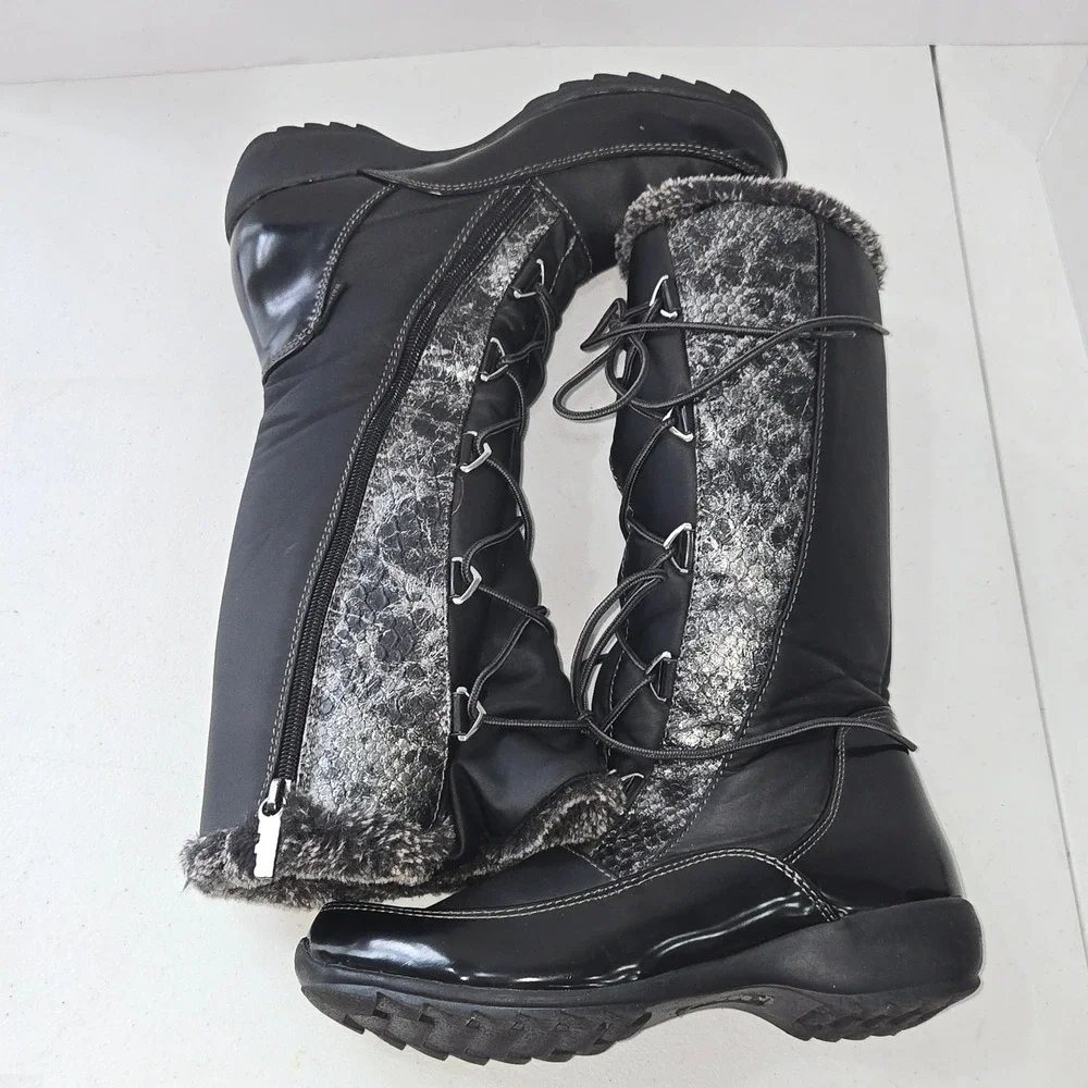Sporto Predator Black Faux Fur Trim Lace Up Side Zip Winter Snow Boots Womens 7M